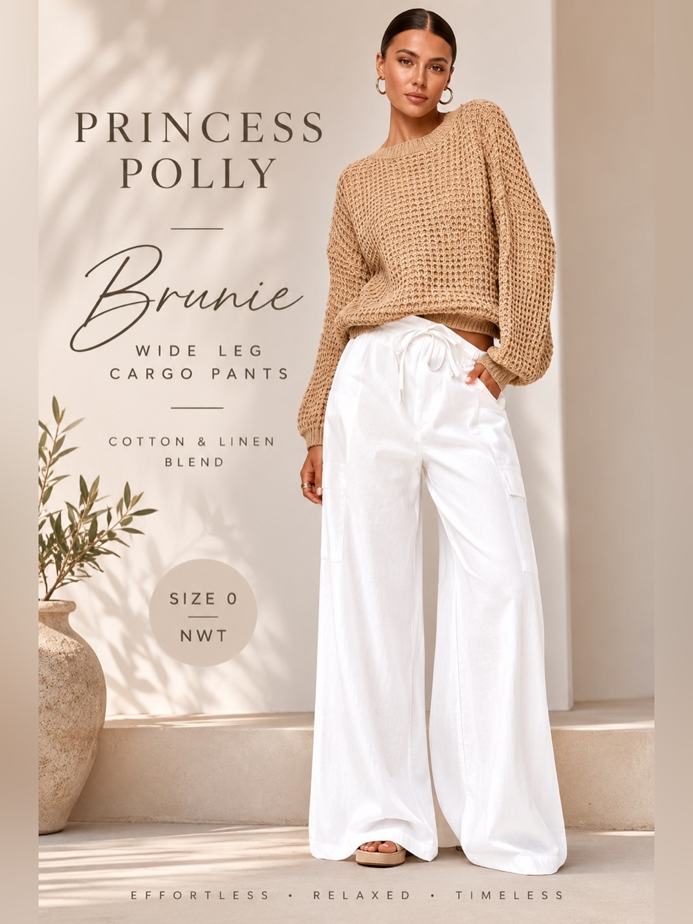 Princess Polly Brunie Wide Leg Cotton Linen Cargo Pants Size 0